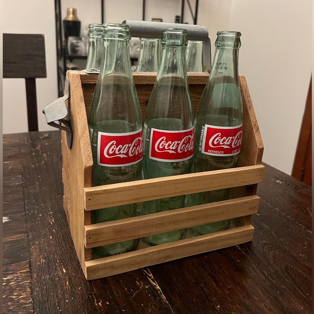 Wooden Coke Bottle Holder with Bottle Opener with 6 CocaCola Glass Bottles